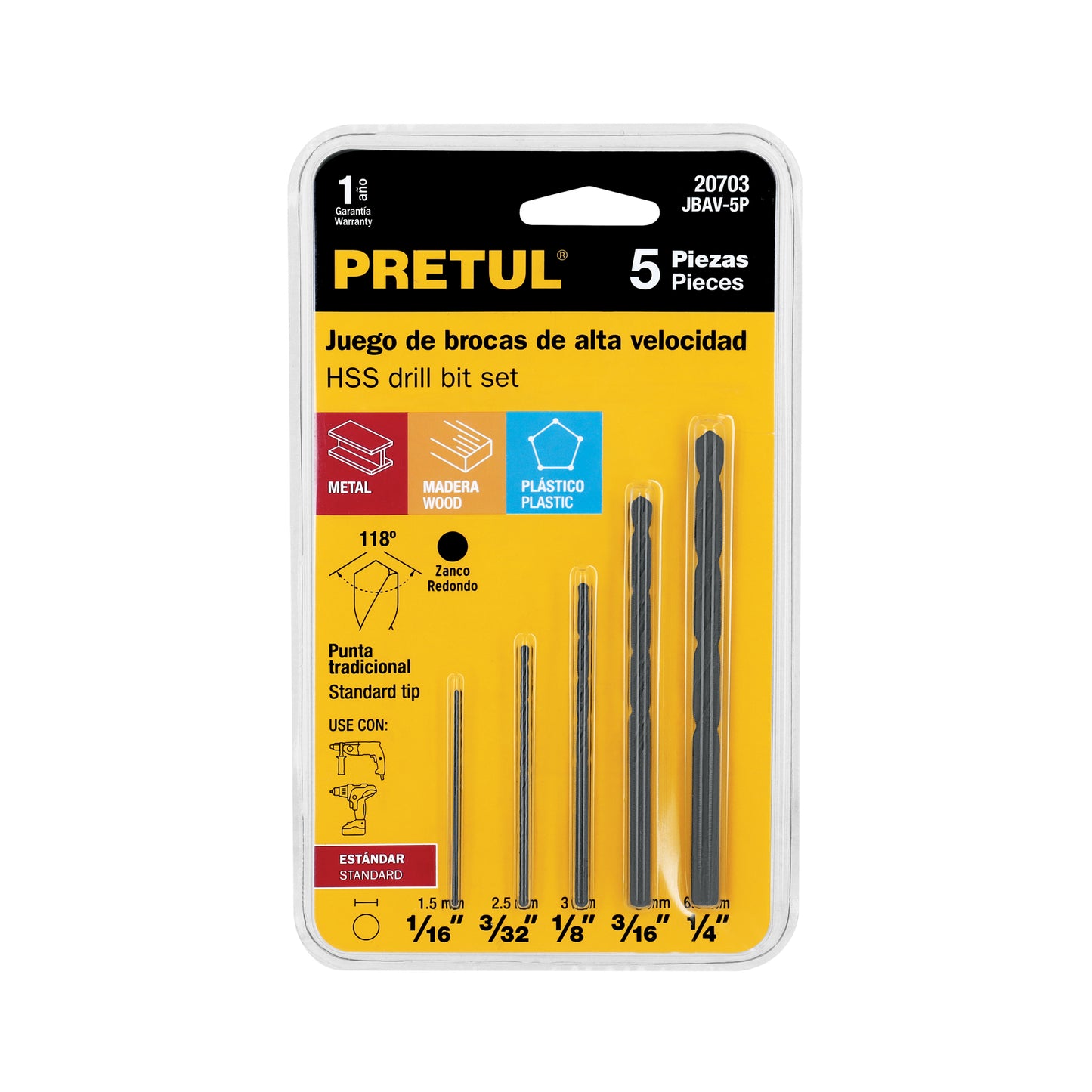 Juego de 5 brocas HSS para metal con recubrimiento de óxido negro