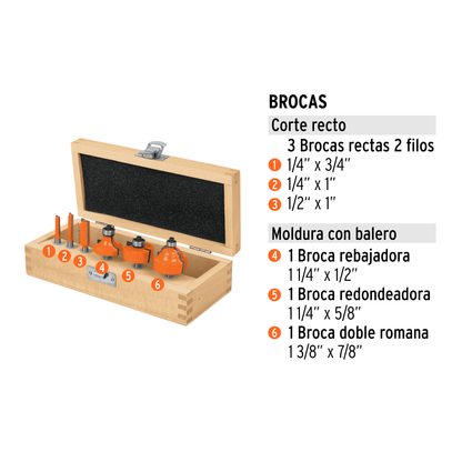 Juego de 6 brocas para router con estuche