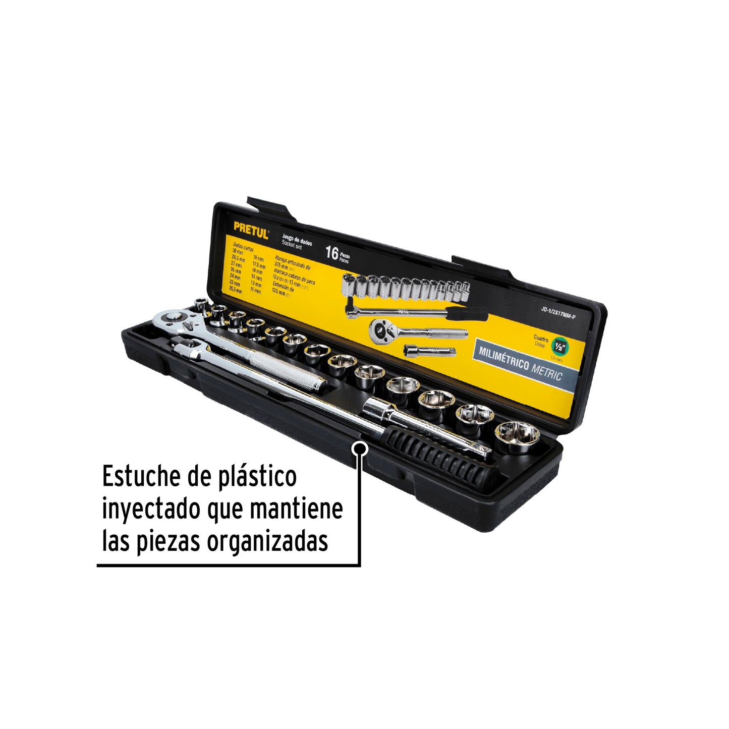 Juego de 16 herramientas mecánicas cuadro 1/2 en milimétrico con estuche plástico