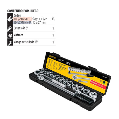 Juego de 16 herramientas mecánicas cuadro 1/2 en estándar con estuche plástico