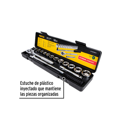 Juego de 16 herramientas mecánicas cuadro 1/2 en estándar con estuche plástico