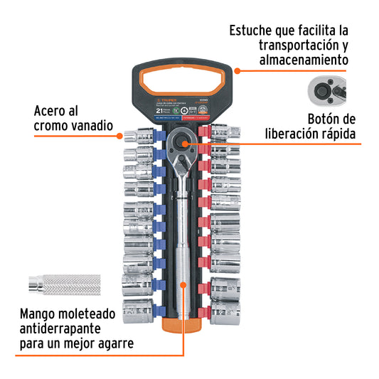 Juego de dados mm y std con matraca, cuadro 1/2" · vista 2