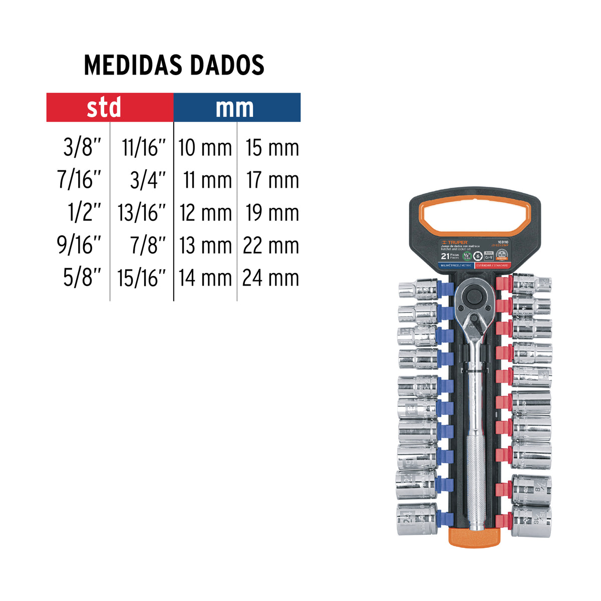 Juego de dados mm y std con matraca, cuadro 1/2" · vista 3