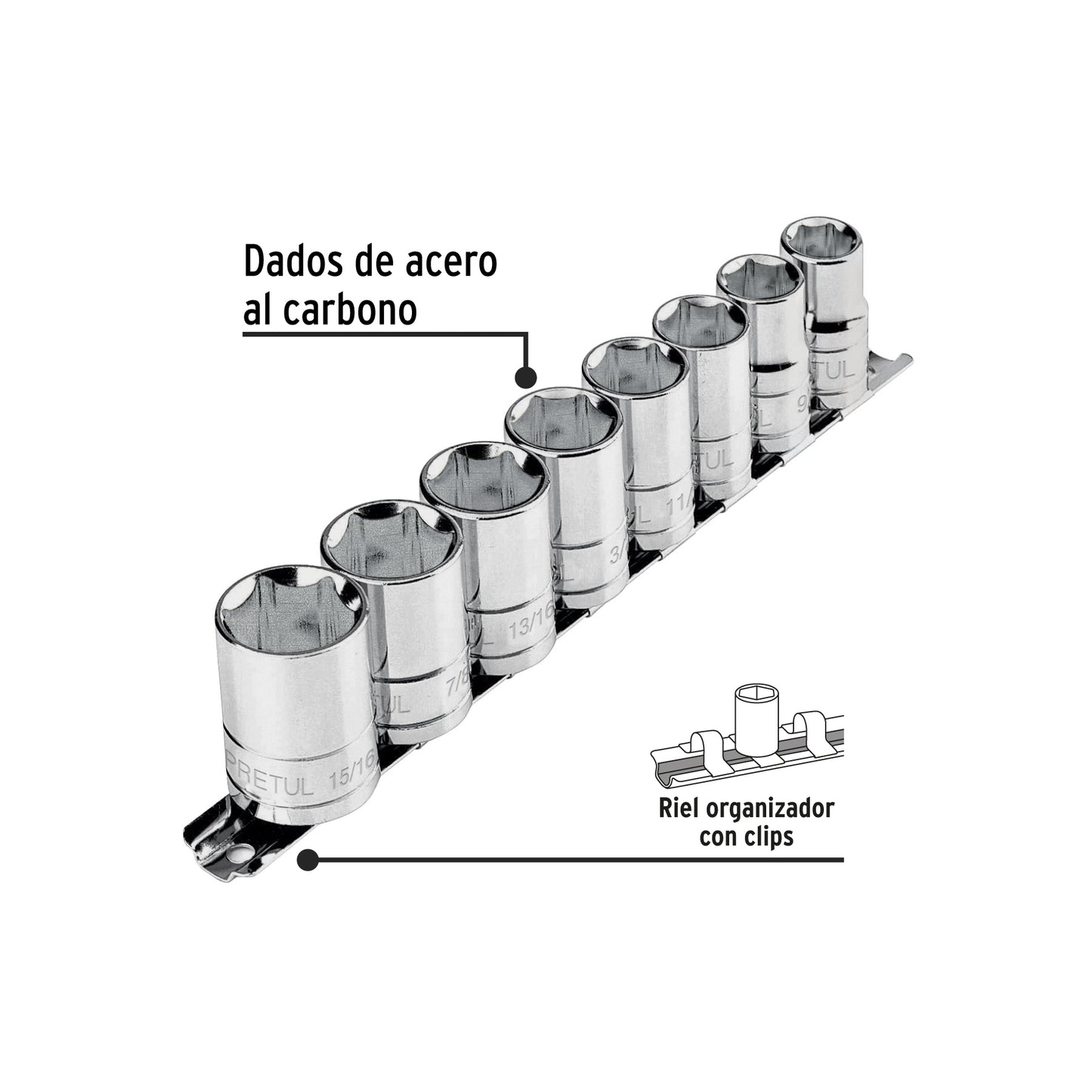 Juego de 8 dados de cuadro 1/2 estándar con riel organizador