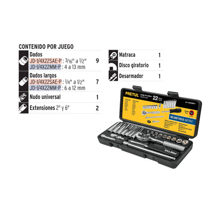 Juego de 22 herramientas mecánicas cuadro 1/4 en milimétrico con estuche plástico
