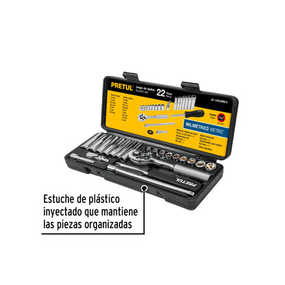 Juego de 22 herramientas mecánicas cuadro 1/4 en milimétrico con estuche plástico