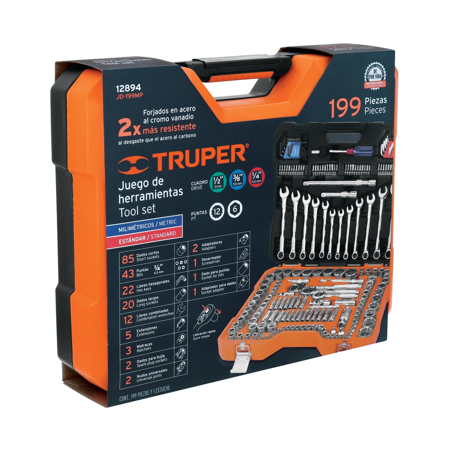 Juego de 199 herramientas mecánicas 1/4 3/8 y 1/2 en estándar y milimétrico