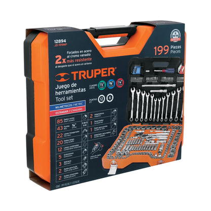 Juego de 199 herramientas mecánicas 1/4 3/8 y 1/2 en estándar y milimétrico