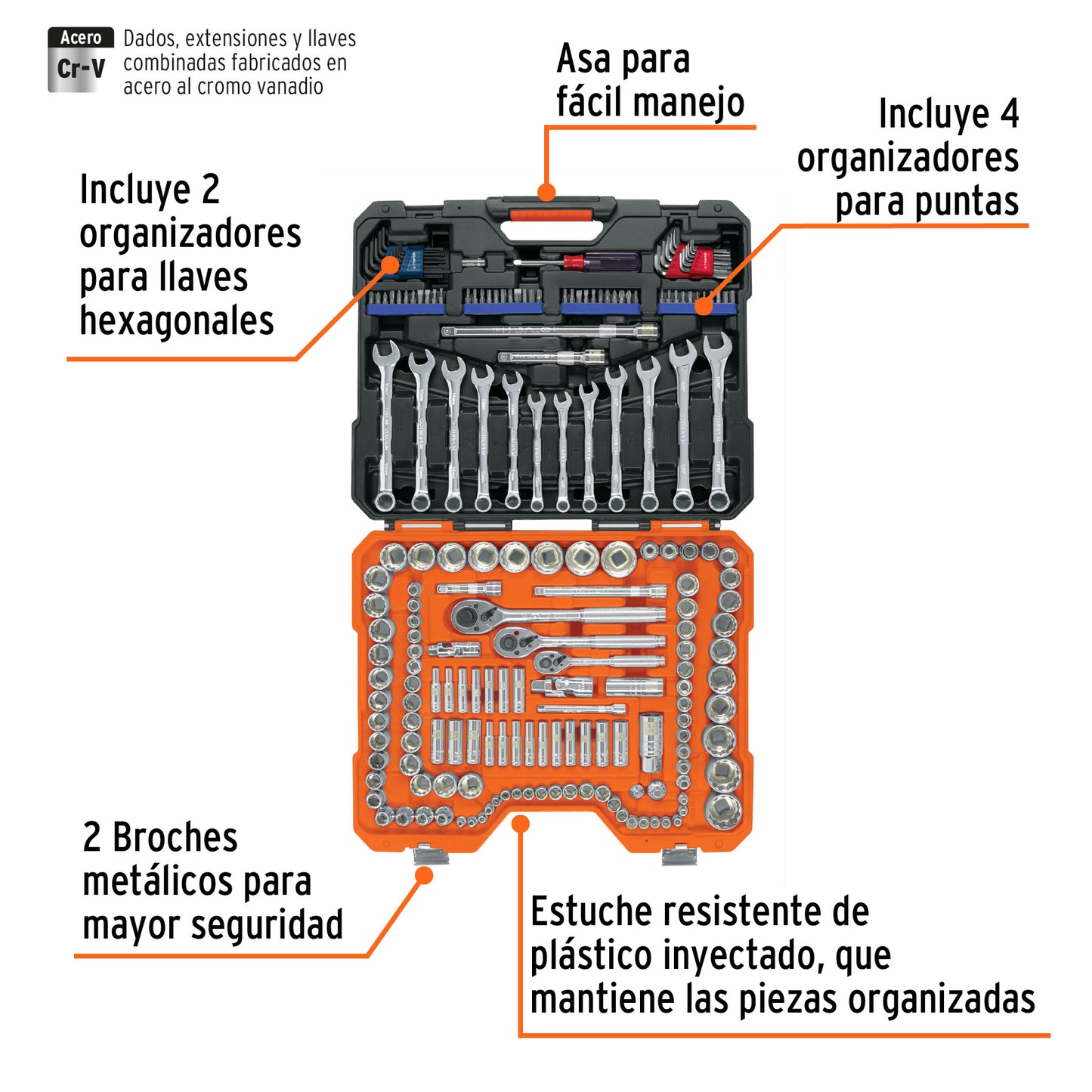 Juego de 199 herramientas mecánicas 1/4 3/8 y 1/2 en estándar y milimétrico