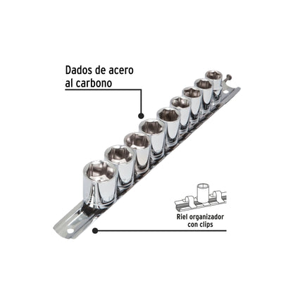 Juego de 9 dados de cuadro 3/8 mm con riel organizador