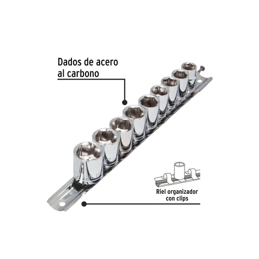 Juego de 9 dados de cuadro 3/8 mm con riel organizador