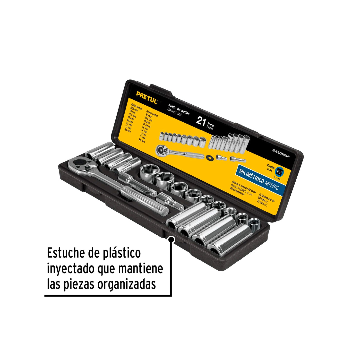 Juego de 21 herramientas mecánicas cuadro 3/8 en milimétrico con estuche plástico