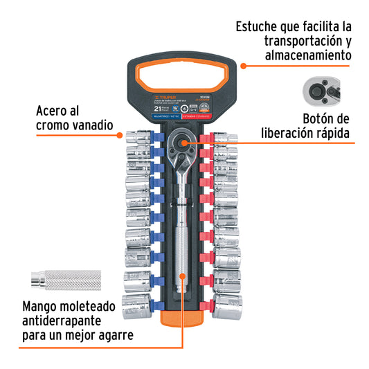 Juego de dados mm y std con matraca, cuadro 3/8" · vista 2