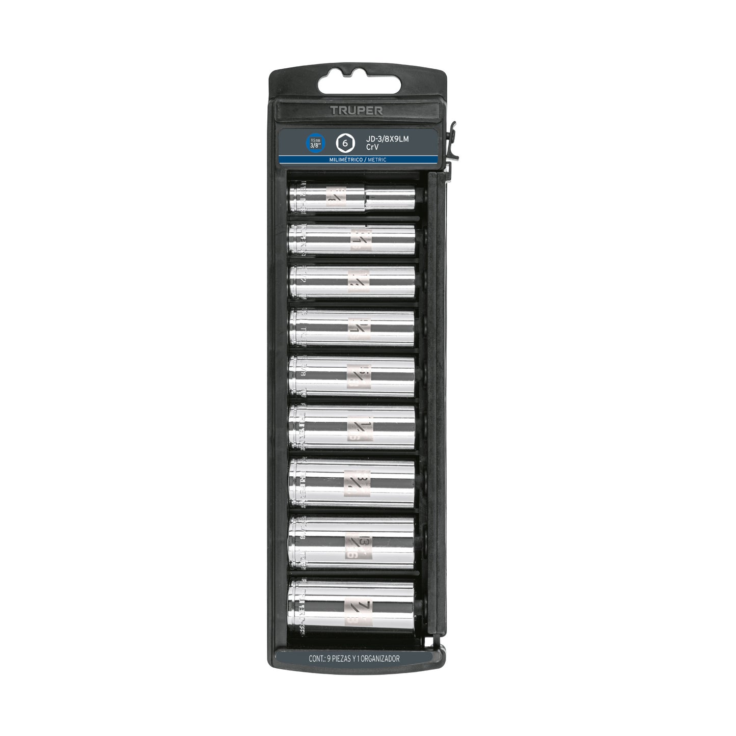 Juego 9 dados largos cuadro 3/8 pulg