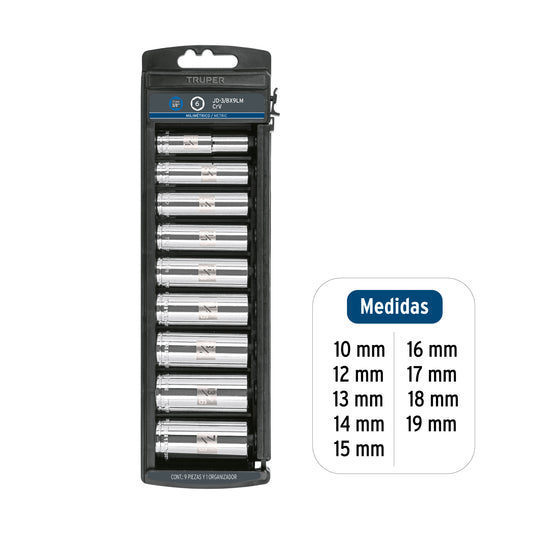 Juego 9 dados largos cuadro 3/8 pulg