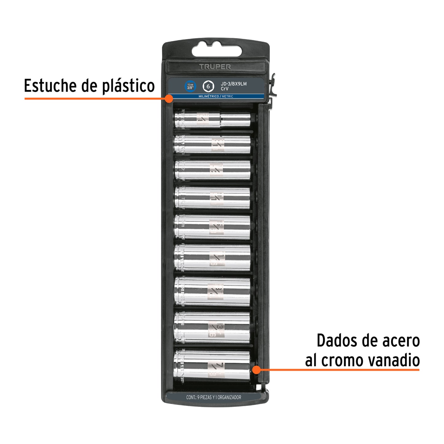 Juego 9 dados largos cuadro 3/8 pulg