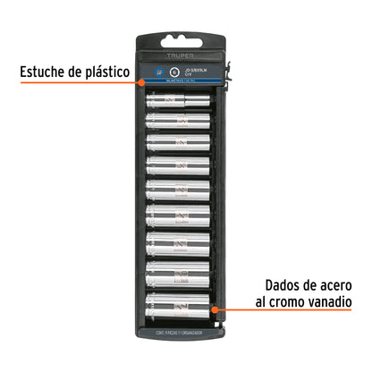 Juego 9 dados largos cuadro 3/8 pulg