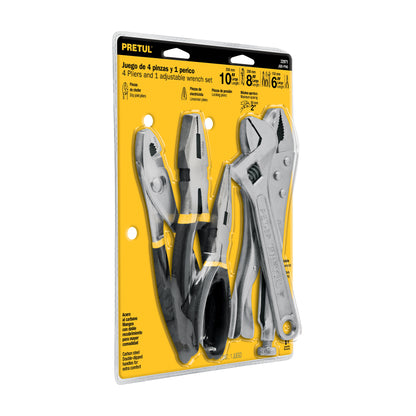 Juego de 4 pinzass y 1 llave ajustable mango de vinil