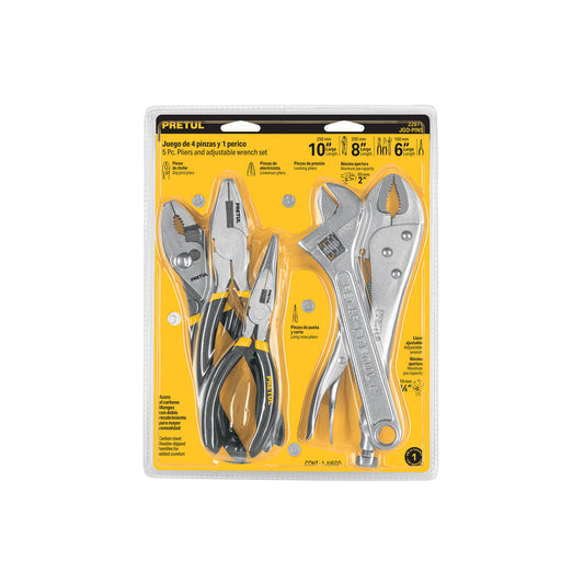 Juego de 4 pinzas y llave ajustable de acero al carbono con mangos de PVC