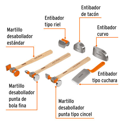 Juego de 7 piezas de martillos y entibadores para hojalatería con estuche