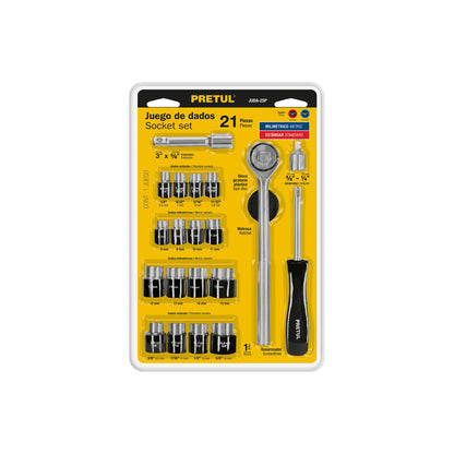 Juego de 21 herramientas mecánicas 1/4 y 3/8 en blíster