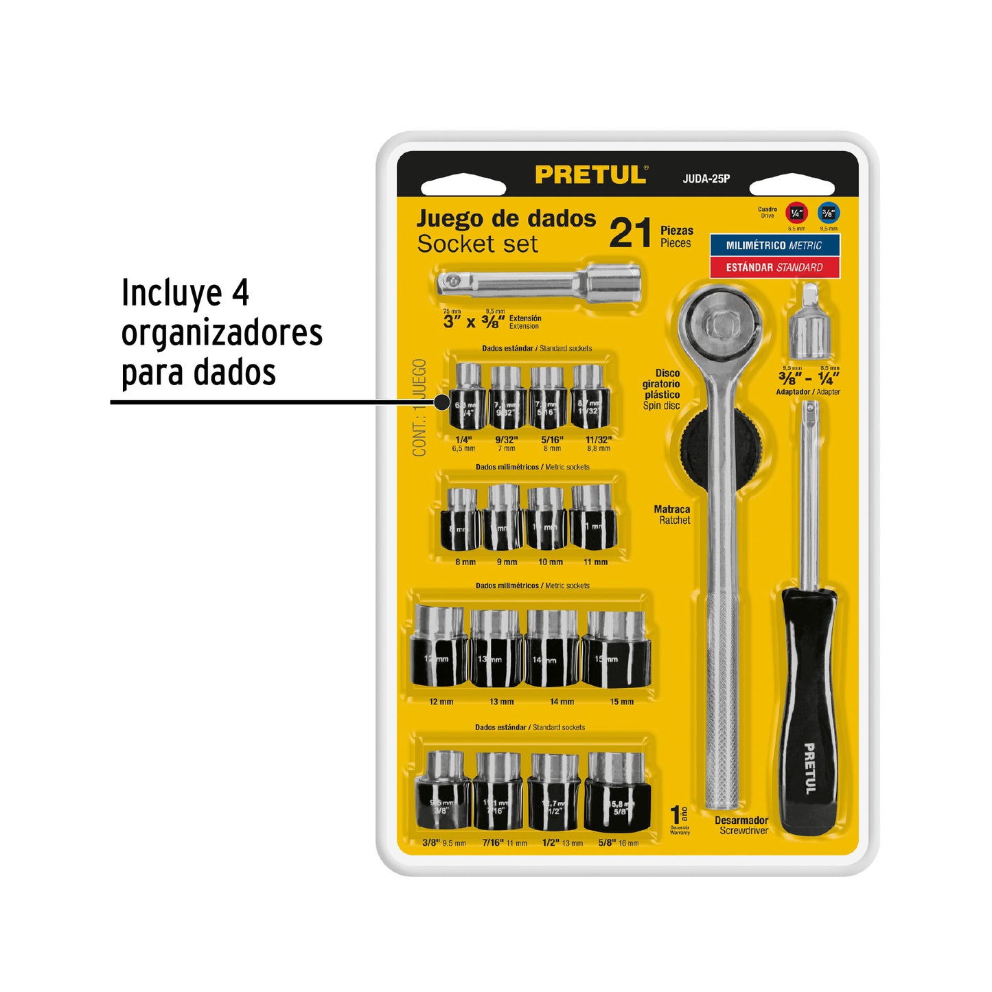 Juego de 21 herramientas mecánicas 1/4 y 3/8 en blíster