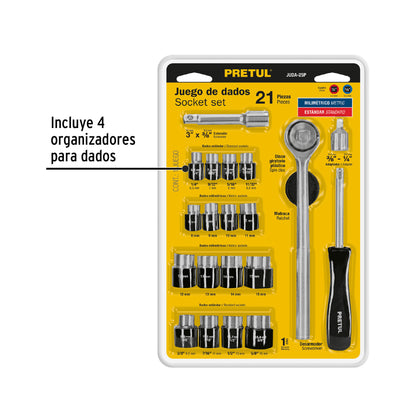 Juego de 21 herramientas mecánicas 1/4 y 3/8 en blíster