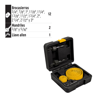 Juego de 14 piezas con brocasierras mandriles y llave allen
