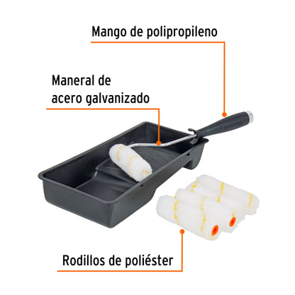 Kit de rodillo para pintar de 4 pulgadas con maneral charola y cinco felpas