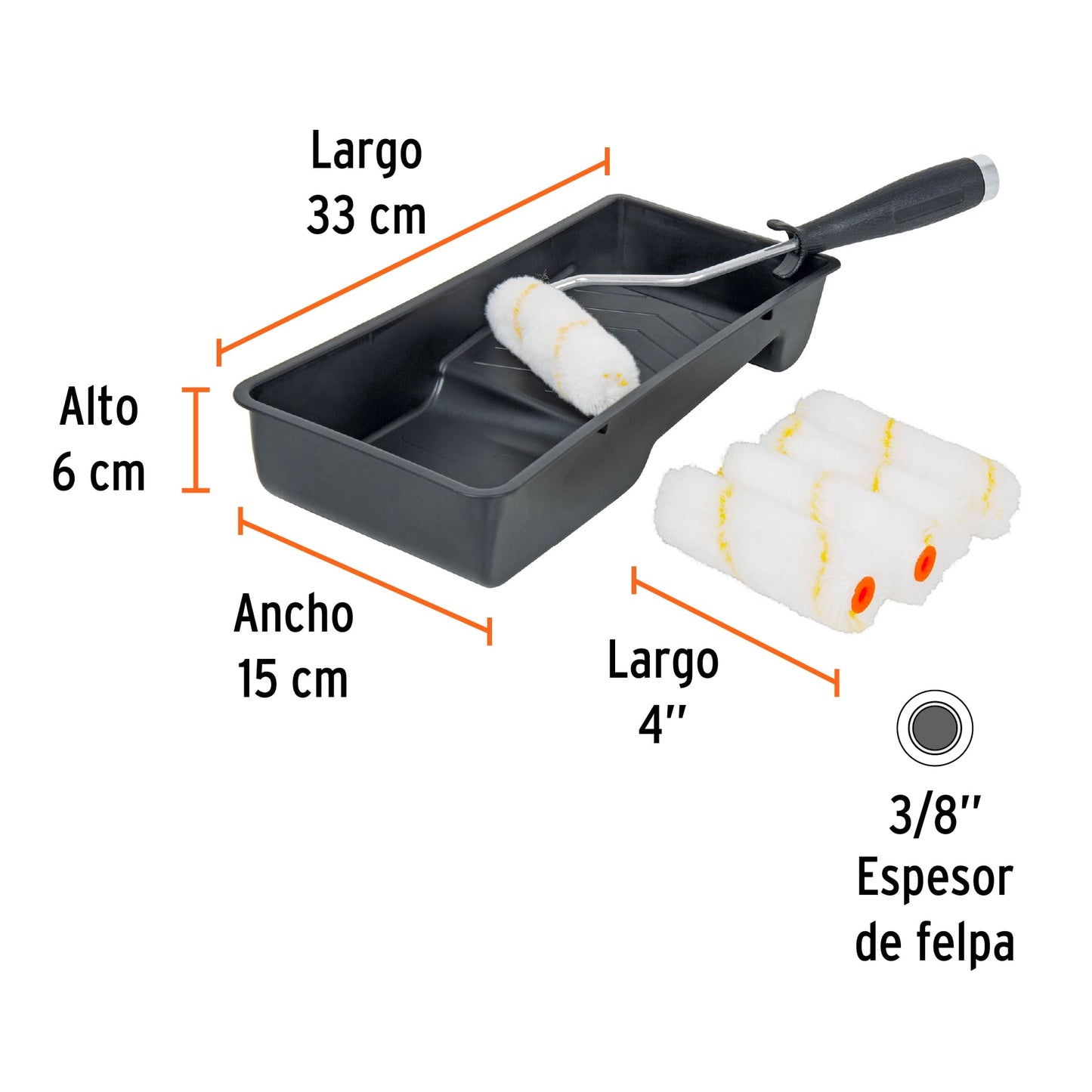 Kit de rodillo para pintar de 4 pulgadas con maneral charola y cinco felpas