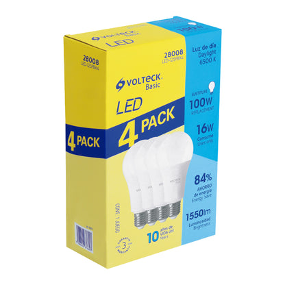 Pack de 4 focos LED 16W A22 6500K blanca fría 1550 lm BASIC