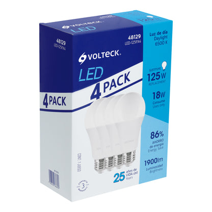 Pack de 4 focos LED 18W A25 6500K blanca fría 1900 lm