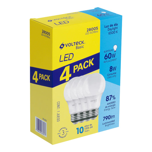 Pack de 4 focos LED 8W A19 6500K blanca fría 790 lm BASIC