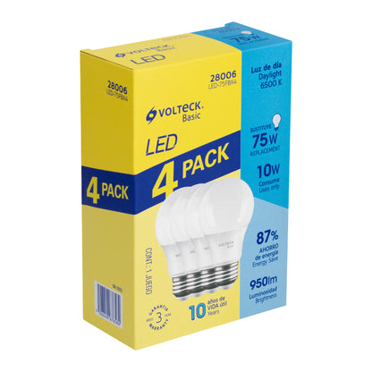 Pack de 4 focos LED 10W A19 6500K blanca fría 950 lm BASIC