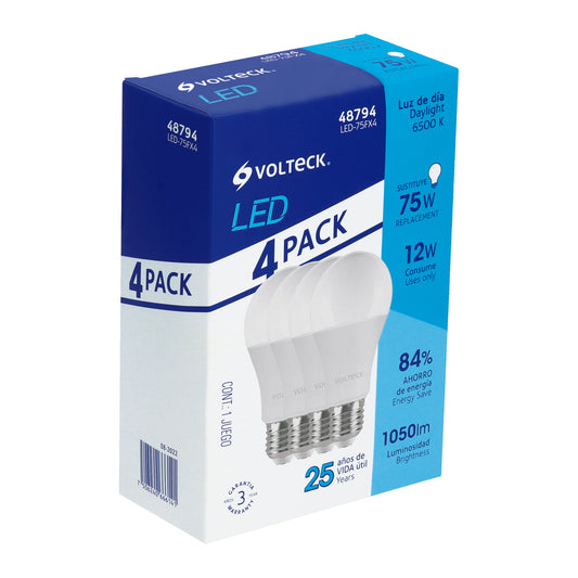 Pack de 4 focos LED 12W A19 6500K blanca fría 1050 lm
