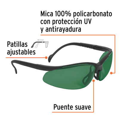 Lentes de seguridad verdes con mica de policarbonato y patillas ajustables