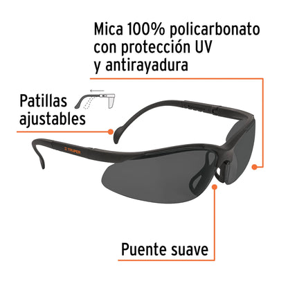 Lentes de seguridad grises con mica de policarbonato y patillas ajustables