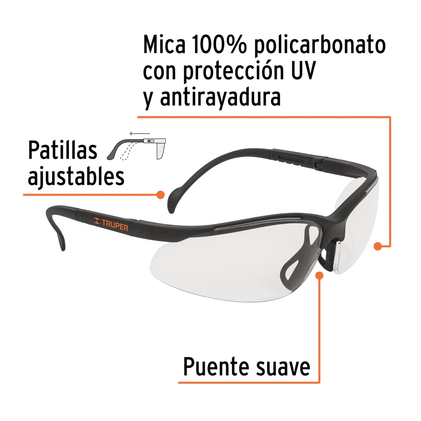 Lentes de seguridad transparentes con mica de policarbonato y patillas ajustables