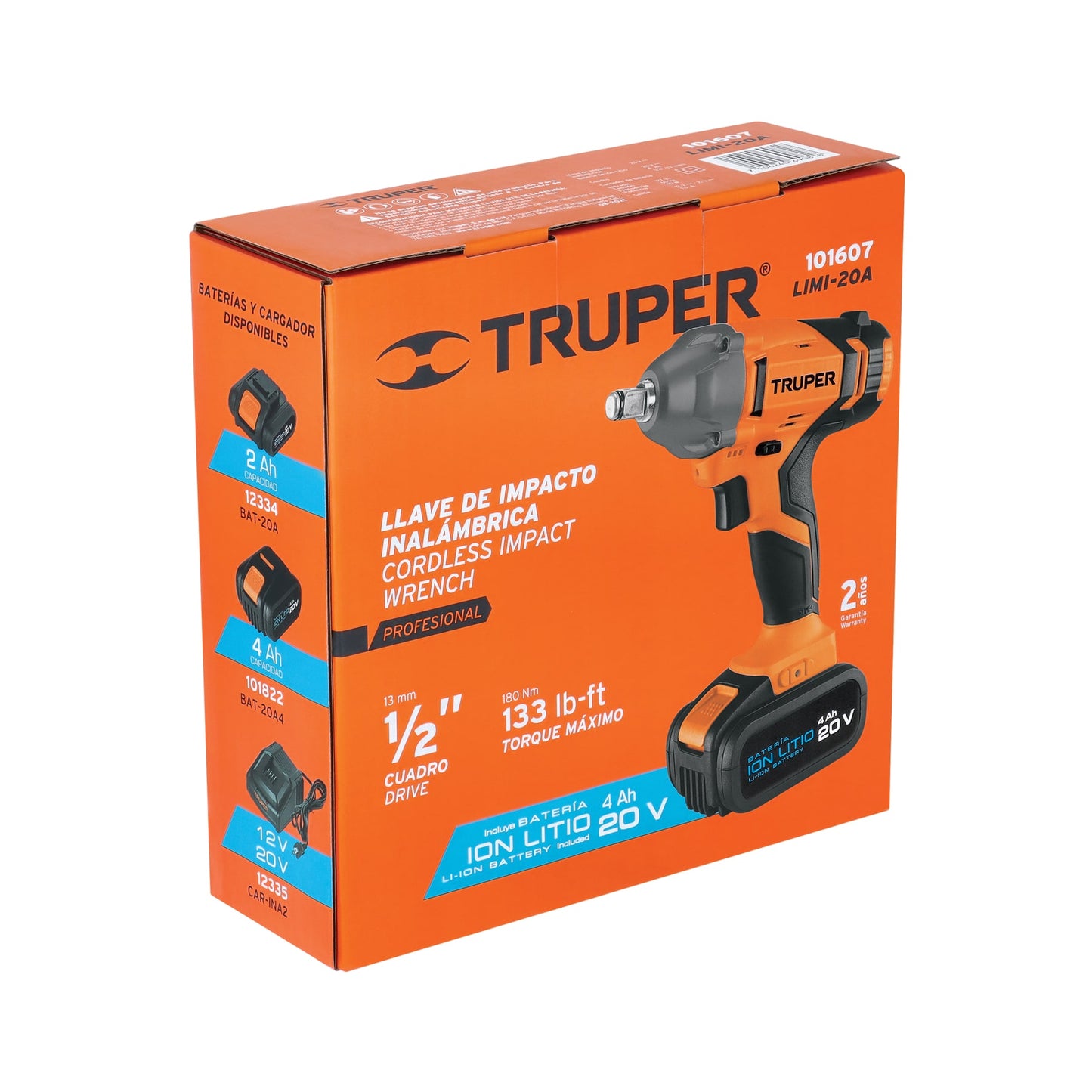 Llave de impacto inalámbrica de 1/2 in con batería 20 V y torque máximo de 180 Nm