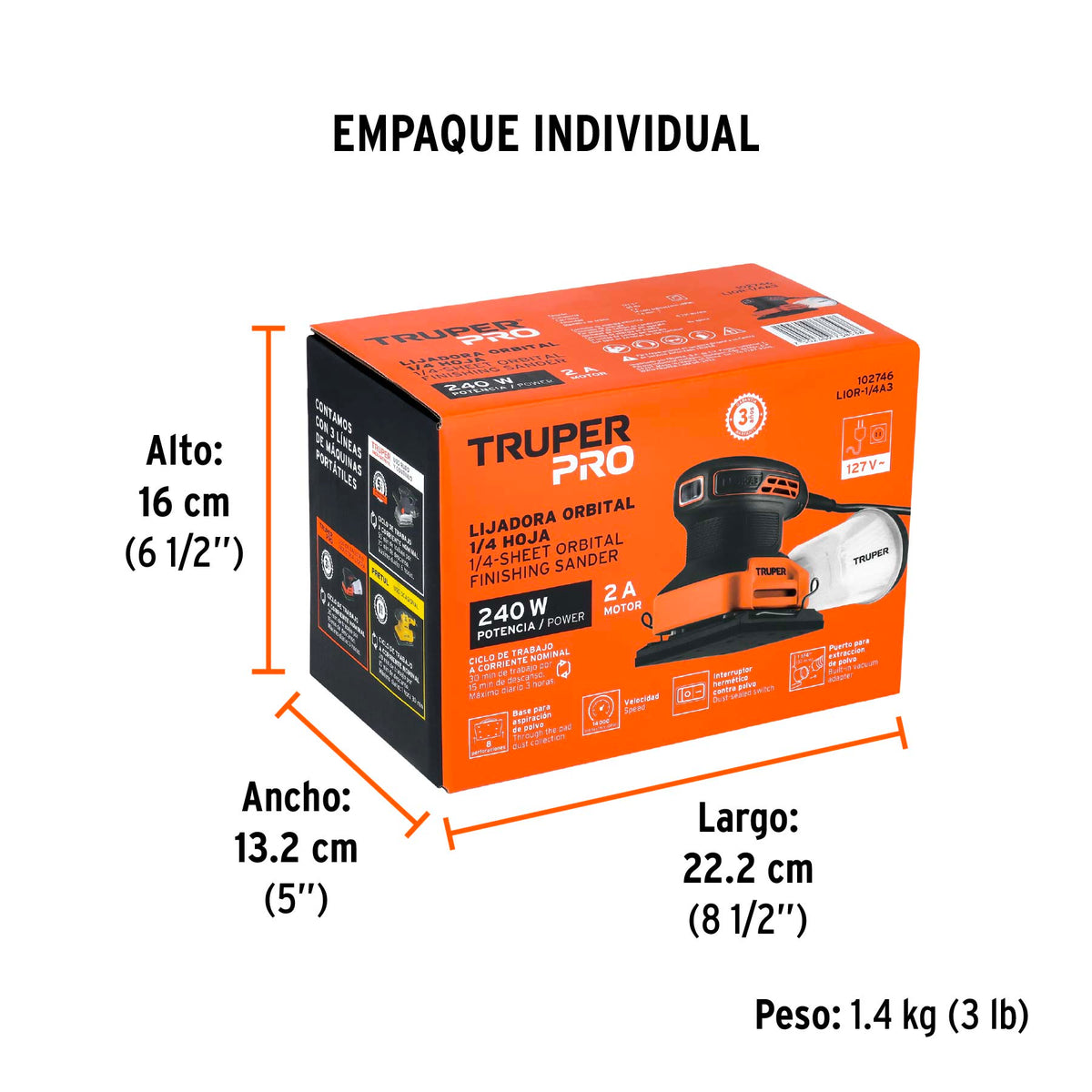 Lijadora orbital 1/4 hoja, 240W, TRUPER PRO · vista 5