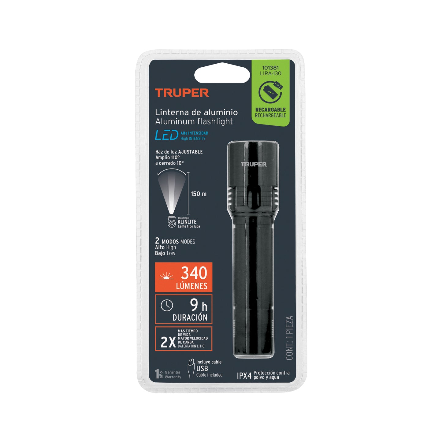 Linterna de aluminio LED 340 lm recargable