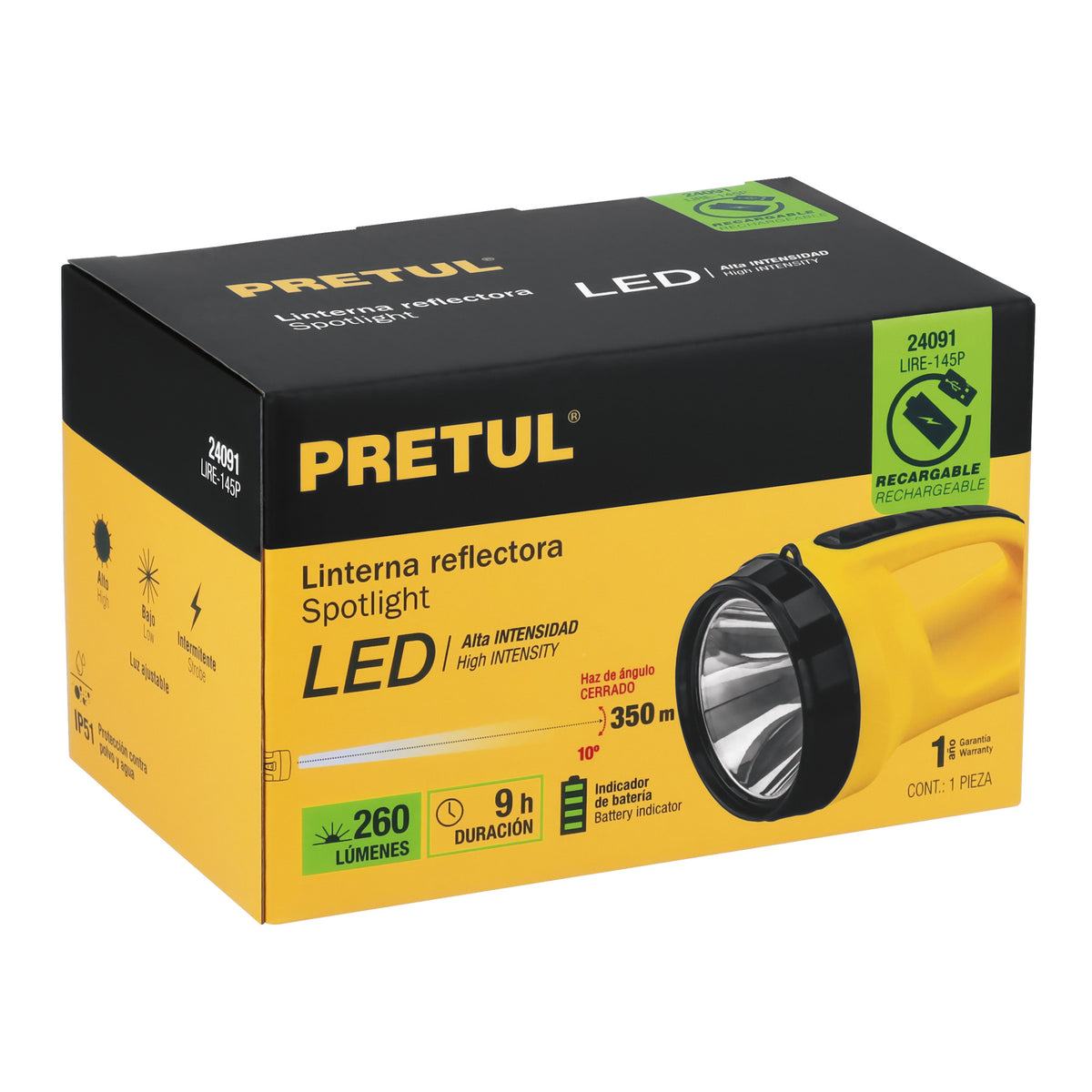 Linterna reflectora LED 260 lm recargable