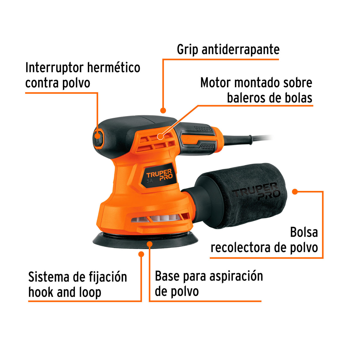 Lijadora roto orbital 5", 260W, TRUPER PRO · vista 2