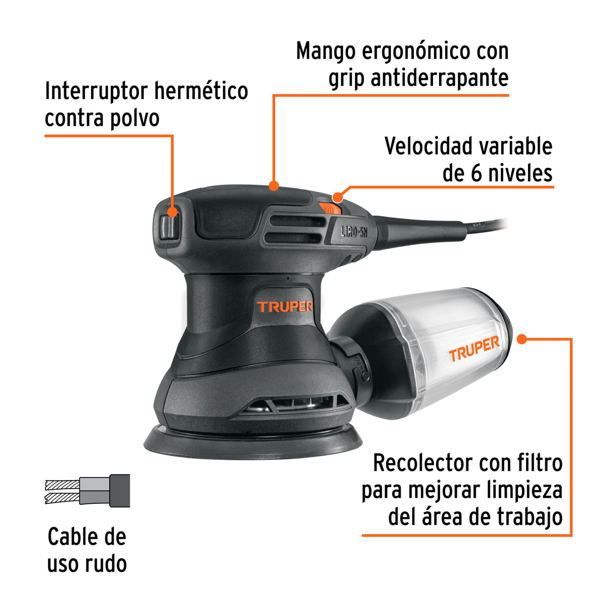 Lijadora roto orbital 5", 260W, TRUPER INDUSTRIAL · vista 2