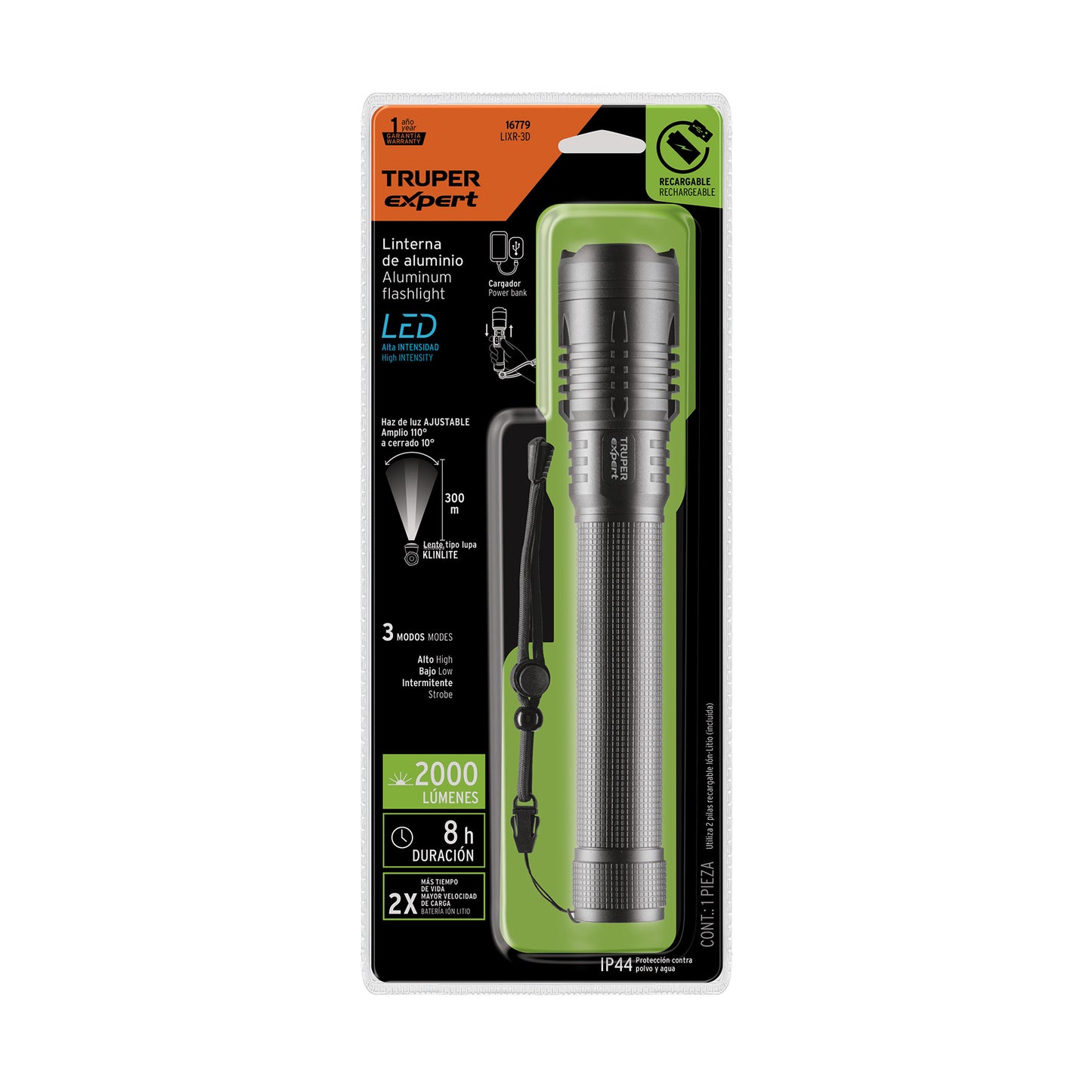 Linterna de aluminio LED 2000 lm recargable