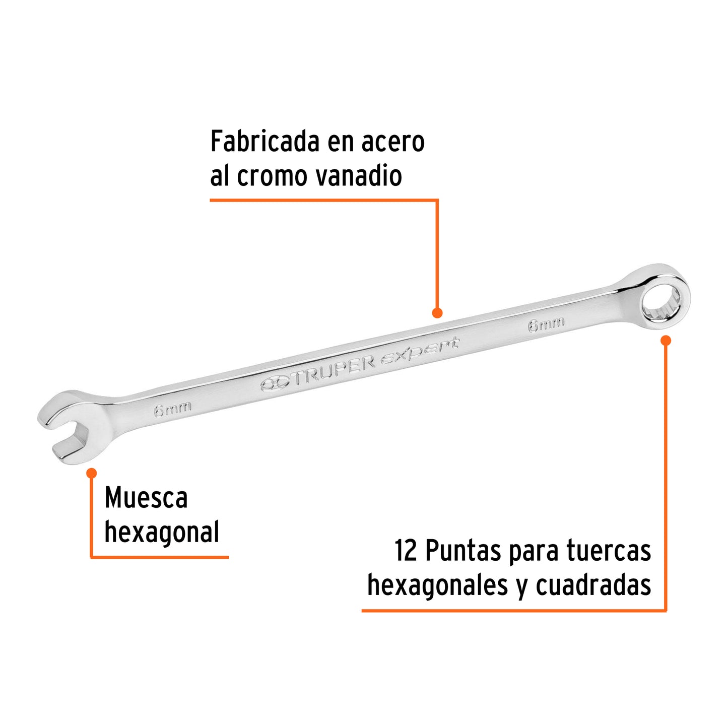 Llave combinada extralarga 6 mm con muesca hexagonal