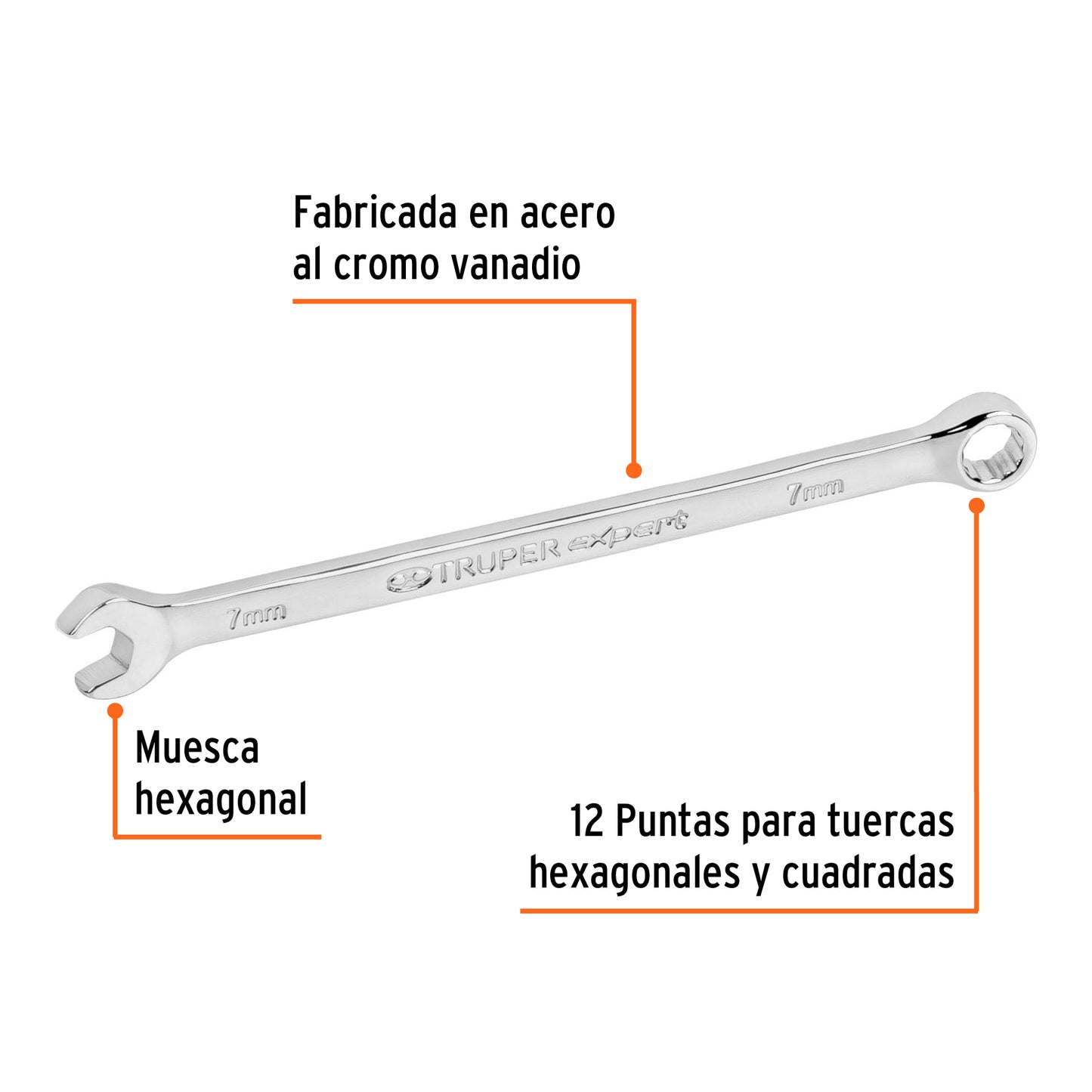 Llave combinada extralarga 7 mm con muesca hexagonal