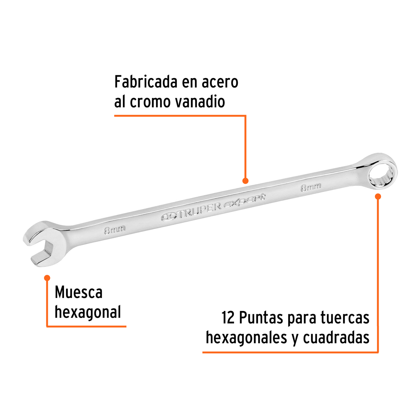 Llave combinada extralarga 8 mm con muesca hexagonal