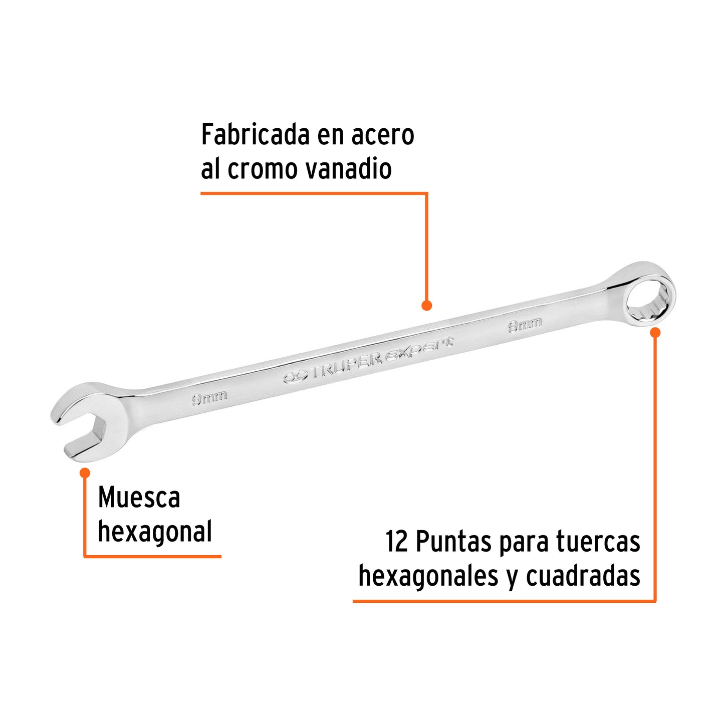 Llave combinada extralarga 9 mm con muesca hexagonal