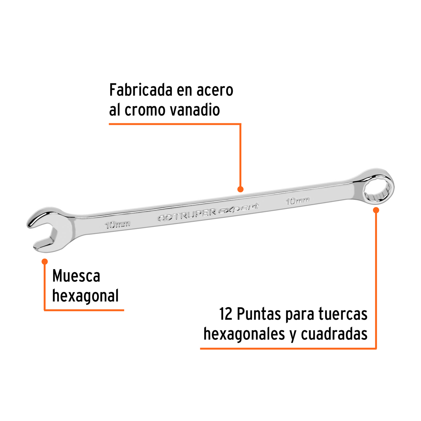 Llave combinada extralarga 10 mm con muesca hexagonal